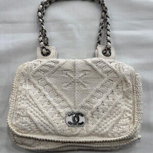 Chanel Ivory Crochet Knit Silver-Tone Classic Shoulder Bag